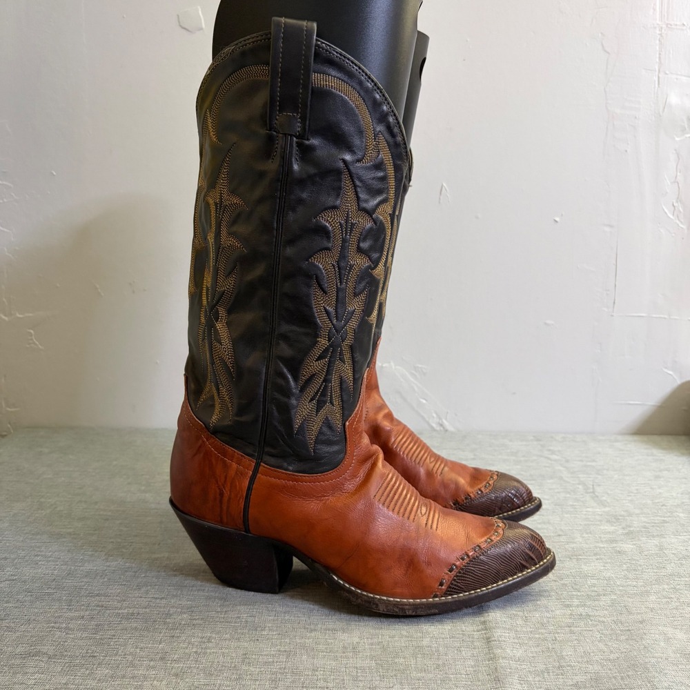 Tony Lama Cowboy Boots Womens 6.5 EE Brown Black Lizard Wingtip Vintage 6951
